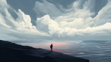 a person walks along the edge of a cliff, gazing at the serene sky adorned with fluffy clouds. this digital painting captures a sense of calm and contemplation. the tranquil waters below reflect a combination of light red and dark gray hues. the image evokes a melancholic atmosphere, reminiscent of self-portraits and psychological phenomena illustrations, while also showcasing the artist's skill as a marine painter.の素材