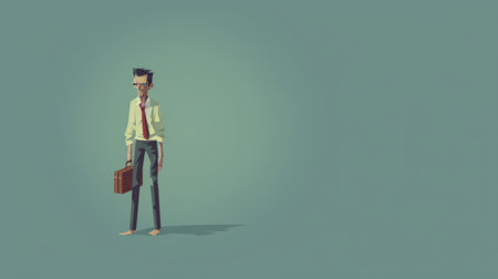 a cartoon man in a suit and tie stands against a minimalist background, depicting a post-apocalyptic scene. the image features light maroon and teal tones, with minimal retouching. captured with a leica m6, this artwork portrays working class subjects in an eerily realistic manner. ai generatedの素材