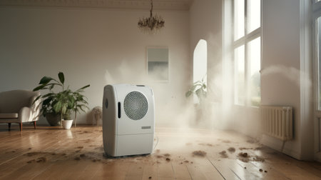 hvac indoor air purifiers and ductless air purifiers are compared in this photo. the image, inspired by matthias jung's style, showcases a disintegrated and soft atmospheric perspective. created using mist and shot on fujifilm pro 800z, the photo has a soggy and rollerwave effect. ai generatedの素材