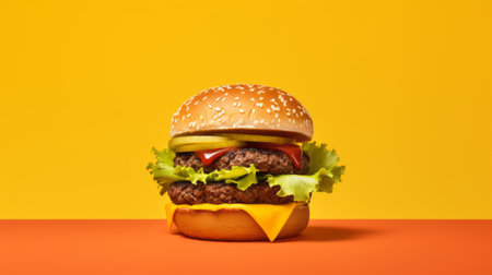 a hamburger, inspired by the style of mike campau, is showcased on a vibrant yellow and orange background. this visually striking composition, reminiscent of janek sedlar's texture-rich artworks, is enhanced by vray tracing technology. with a resolution of 32k uhd, the image captures the bold and angular aesthetic reminiscent of bert stern's iconic photography. ai generatedの素材