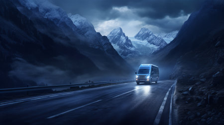 a large truck drives down a mountain road, showcasing realistic chiaroscuro lighting. the dark indigo and light gray tones create a cold and detached atmosphere, while the expansive landscapes add to the dramatic use of lighting. the modern and sleek truck contrasts with the romantic scenery. ai generatedの素材