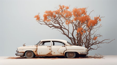 an old car, reminiscent of scarlett hooft graafland's gritty urban landscapes, is parked beside a tree adorned with vibrant leaves. this australian landscape captures the essence of post-apocalyptic backdrops, with its light white and light orange hues. the image, in the resolution of 3840x2160, exudes a unique desertwave aesthetic. ai generatedの素材