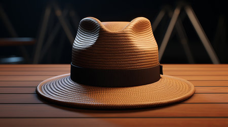 a brown hat sits atop a wooden table, showcasing intricate crosshatched shading. this rendered image, created in cinema4d, captures the essence of heatwave fashion. the hat's design, reminiscent of the work by david b mattingly, exudes a navy-inspired style. a close-up view allows for appreciation of the detailed craftsmanship. ai generatedの素材
