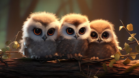 four cute owls perched on a branch at night, depicted in a hyper-detailed and realistic style. this anime movie scene showcases the owls' dark, white, and light orange feathers with incredible attention to texture. the 32k uhd resolution enhances the beauty of this concept art, highlighting the intricate details of their fur and feathers. ai generatedの素材