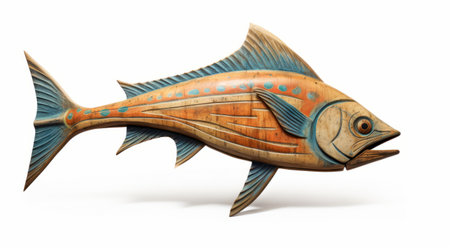 a wooden statue of a tropical fish, blending mexican and american cultures, is showcased in this wall sculpture and installation. rendered in maya, the precisionist lines and realistic, detailed rendering bring out the vibrant colors of light orange and azure. this bronzepunk-inspired artwork captures the essence of the tropical fish with its intricate design. ai generatedの素材