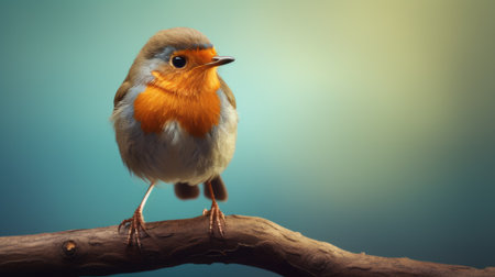 an orange and yellow bird perched on a branch, showcasing photorealistic accuracy. the dark cyan and maroon colors create a captivating vignetting effect. this artwork reflects the influence of the young british artists (ybas) movement. the bird appears cute and dreamy, with meticulous attention given to the texture of its fur and feathers. captured using a minolta riva mini camera. ai generatedの素材