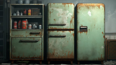 a green metal refrigerator stands alone in an empty room, showcasing the vintage-influenced still life style of unreal engine 5. the dark aquamarine and amber color palette enhances the distressed surfaces, while charming character illustrations add a touch of whimsy. this captivating image captures the essence of kimoicore and showcases the stunning visual effects of rtx technology. ai generatedの素材