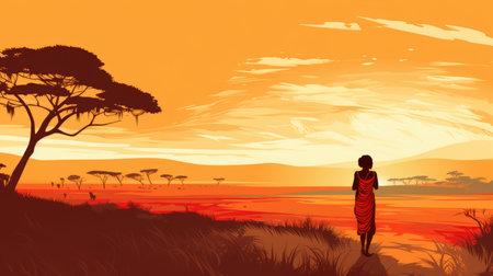 a woman gazes into the vastness of an exotic landscape, reminiscent of traditional african art. the simplistic vector art style adds a unique touch to the post-apocalyptic backdrop, dominated by vibrant red and orange hues. the panoramic view captures the essence of nature-inspired imagery, creating a captivating visual experience. ai generatedの素材