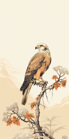 an eagle perched on a tree branch, showcasing realistic landscapes with soft, tonal colors. the detailed character design of the eagle is complemented by the dark beige and orange hues of the mountainous vistas. this scientific illustration captures the essence of the eagle in a saturated color field, creating a captivating and visually stunning illustration. ai generatedの素材