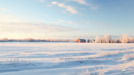 a winter scene featuring a captivating red barn against a backdrop of light sky-blue and light cyan hues. this high-resolution 8k matte photo, captured with a tokina opera 50mm f14 ff lens, showcases the soft, dreamy ambiance of the surroundings. the lush landscape backgrounds add to the overall allure of the image. ai generatedの素材