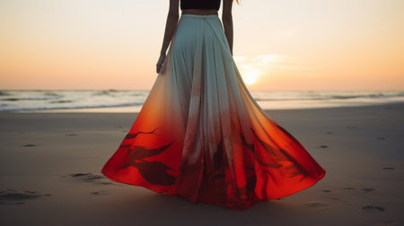 a woman stands on the beach, dressed in a long, dreamlike black and red dress. the dress features hues of dark white, light orange, and airbrushing, creating a luxurious and vibrant look. the woman's attire also includes touches of light turquoise and red, adding to the overall aesthetic. (keywords: woman, beach, long dress, black and red, dreamlike hues, dark white, light orange, airbrushing, light turquoise,の素材