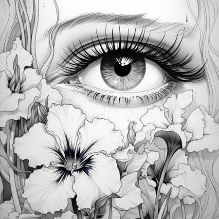an illustration featuring a monochrome portrait-style eye surrounded by flowers. this artwork combines elements of realism and fantasy, blending the urban metropolis with the beauty of nature. inspired by manga and the works of burne-jones, this piece showcases multi-layered compositions that explore psychological phenomena. ai generatedの素材