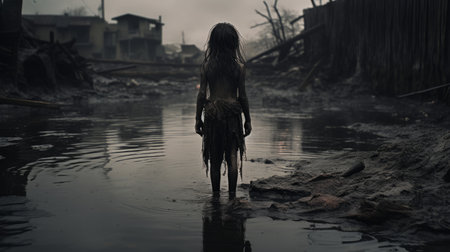 a girl with a broken leg stands in water in a poor area, captured in a dramatic atmospheric perspective. this haunting image, rendered in maya by iber camargo, portrays the struggle of humanity in a sombre and powerful way. the junglecore aesthetic adds to the overall impact of the photo. ai generatedの素材