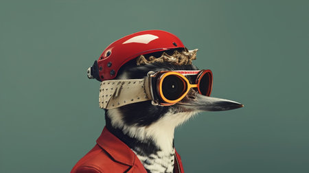 a gecko dressed in a suit, sunglasses, and goggles, showcasing the mcdonaldpunk style. this hyper-realistic bird studies-inspired photograph captures bold fashion photography elements, featuring mechanized forms. the color palette of red and beige adds a striking contrast to the uniformly staged image. shot with a leica r8, this unique composition merges various keywords seamlessly. ai generatedの素材