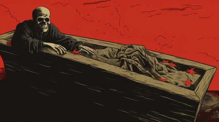 skull on the ground in a coffin, featuring a graphic novel-inspired illustration style by steve dillon. this 8k resolution image showcases a gothic illustration with a color palette of light red and dark gray. the dramatic and somber religious undertones make it reminiscent of cliff chiang's works. ai generatedの素材