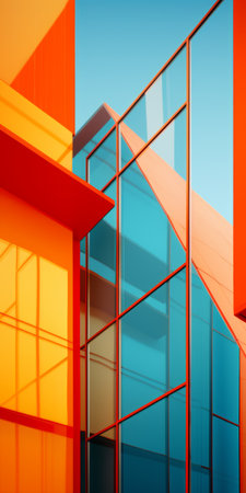 a vibrant and colorful abstract artwork showcasing a design studio with red and orange buildings. the architectural graphics and renderings are accurately and detailedly depicted, highlighting the strong diagonals and architectural geometry. in the style of carl kleiner, this contemporary glass structure stands tall against a light sky-blue and light amber background, creating a visually striking composition. this high-resolution image captures the essence of modernの素材