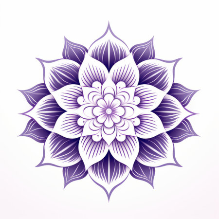 a purple flower with two small feathers is intricately drawn on a white background. the style of the artwork is influenced by zen buddhism, featuring calming symmetry and detailed engraving. the light purple and light indigo colors create vibrant gradients, while the dimensional multilayering adds depth to the design. ai generatedの素材