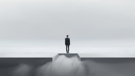 a businessman stands on the edge of a drifting bridge, surrounded by ethereal cloudscapes. the minimalist stage design showcases a conceptual sculpture in black and gray, made of mist. the mori kei-inspired scene creates a sense of depth with its layered composition. ai generatedの素材