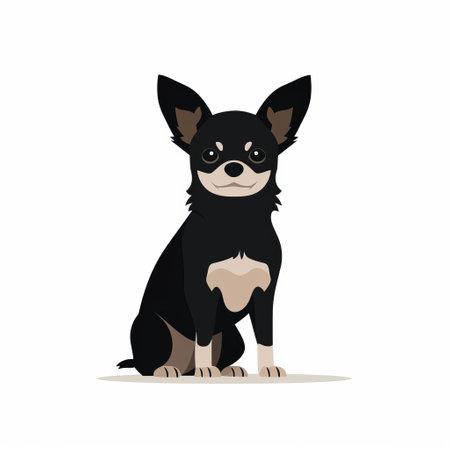 a cartoon black and white chihuahua is depicted sitting on a blue background in this minimalist illustration. the style features light maroon and dark beige tones, with a touch of light orange and dark green. the character is detailed and animated, with the option of using it as an animated gif. the white background and low depth of field add to the overall aesthetic. aiの素材