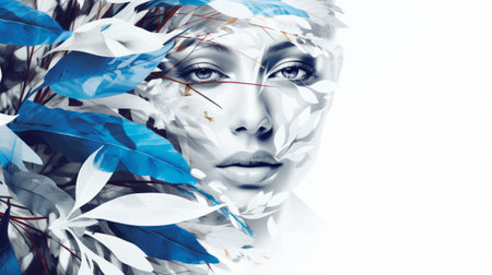 digitally rendered woman with a white face adorned by a white flower on her eyes and face. the intricate feather-like details create a stunning gray and blue color palette. the fragmented advertising elements add a touch of intrigue, while the light amber and azure hues enhance the asymmetrical composition. this artwork, inspired by artgerm, showcases captivating leaf patterns. ai generatedの素材