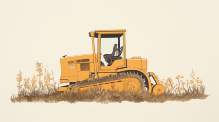 a yellow bulldozer, reminiscent of josan gonzalez's minimalist style, is parked on the lush green grass. this hyperrealistic illustration, inspired by detailed hunting scenes, showcases the talent of the renowned illustrator. with 8k resolution, the image captures every intricate detail, resembling the sketch-like style of dave coverly. ai generatedの素材