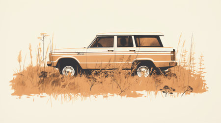 a vintage jeep parked in the grass, showcasing the minimalist style of a realistic and hyper-detailed rendering. the image captures the essence of a silkscreen artwork, with a color palette of beige and amber. minimal retouching has been done to maintain the authenticity of the scene. the flowing silhouettes of the jeep evoke a sense of nostalgia, representing the period from 1970 to the present.の素材
