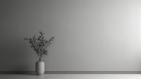 empty space with a white wall featuring a small tree in 3d rendering. the style is reminiscent of dark silver and light gray, inspired by the works of edward weston. captured using the sony fe 24-70mm f/2.8 gm lens, the image showcases highly detailed foliage and subtle tonal variations. complementing the scene are minimalist ceramics, adding to the overall aesthetic with their own subtle tonalの素材