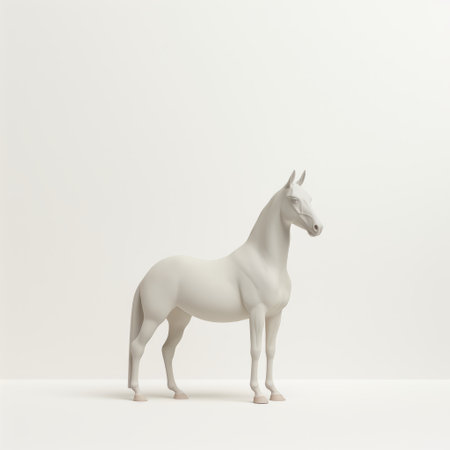 a small t-shaped model horse is showcased on a neutral background in this uhd image. the horse is depicted in a hyper-realistic style with a solarization effect, creating a unique visual appeal. the digital minimalism is enhanced by the subtle gradients of light white and light gray, while the white, hyper-realistic water adds an intriguing element to the composition. ai generatedの素材