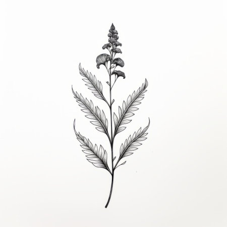 a sketch of a black and white leafed plant, showcasing naturalistic proportions and incorporating elements of prairiecore, classic tattoo motifs, minimalist photography, and silkscreen techniques. the sketch captures the delicate flowers and features detailed character illustrations, merging various artistic influences into a captivating composition. ai generatedの素材