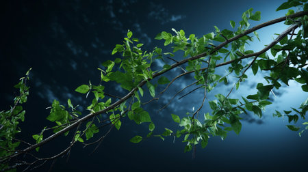 a photo of branch leaves in a dark sky-blue and green style, rendered with vray for a photo-realistic effect. the image showcases free-associative, nocturnal landscapes, combining natural and man-made elements. this high-resolution 32k uhd photo captures the beauty of the branch leaves in a unique and captivating way. ai generatedの素材