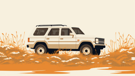 the parked jeep stands out against the soft yellow grass, showcasing a minimalist style reminiscent of dark white and orange illustrations. this artwork draws inspiration from the landscapes of the ivory coast and australia, incorporating elements of pixel art and classic japanese simplicity, creating a unique post-apocalyptic aesthetic. ai generatedの素材