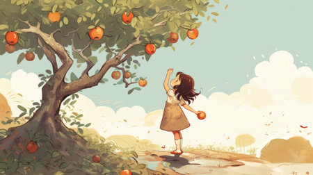 an illustration of an orchard featuring a woman reaching atop an apple tree. this anime-style artwork showcases childlike illustrations with charming character designs. the vibrant orange hues and uhd image quality bring the charming sketches to life, capturing the essence of child-like innocence in this delightful scene. ai generatedの素材