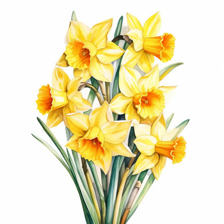 daffodils: a stunning photo of daffodils on a white background, resembling realistic watercolor paintings. these highly detailed illustrations showcase traditional scroll painting techniques, with a color palette of dark yellow and light aquamarine. the daffodils are beautifully depicted with heavy shading, while nature-based patterns add to the overall aesthetic. ai generatedの素材