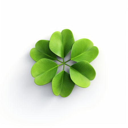 two green leaves with four leaves on a white background for st. patrick's day. this 3d-style, precisionist art showcases meticulous design and high detail. the symmetrical arrangement, isometric perspective, and humble charm make this image a standout choice for st. patrick's day celebrations. ai generatedの素材
