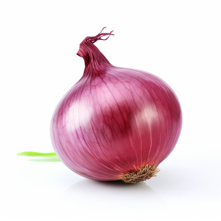 a purple onion with green leaves is showcased on a white background in this photograph. the image features smooth and curved lines, capturing the onion's eerily realistic appearance. the use of a c-mount lens enhances the details, resulting in a stunning composition of dark red and white hues. ai generatedの素材