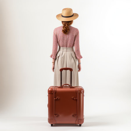 a woman stands beside a tipped suitcase, showcasing a nostalgic romanticism in the style of light maroon and light brown. this international-themed photo captures the essence of exacting precision and vacation dadcore. with elements of solapunk and realist lifelike accuracy, it creates a visually captivating scene. ai generatedの素材