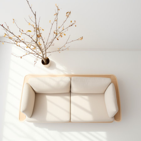 a white couch is featured in this photo, showcasing naturalistic shadows and a japanese-inspired aesthetic. the birds-eye-view perspective highlights the wooden elements and minimal retouching, creating a nature-inspired ambiance. the light orange and light beige tones add a soothing touch to the overall composition. ai generatedの素材