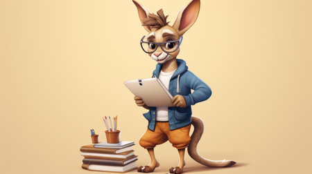 a cartoon kangaroo is depicted in this image, studying and working. the artwork is done in the style of oliver wetter, featuring anime-inspired characters. the innovative page design is reminiscent of jean-lon grme's work. created by lilia alvarado, this illustration showcases youthful protagonists. the image is available in 32k uhd resolution. ai generatedの素材