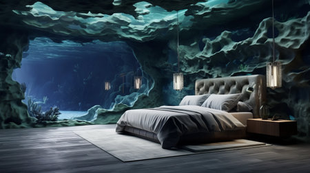 underwater bedroom design featuring a bed nestled in a captivating underwater cave. this design showcases realistic landscapes with soft, tonal colors such as dark gray and light emerald. the 32k uhd resolution highlights the intricate details of the murals and wall drawings, creating a mesmerizing ambiance. the horizons, realistic interiors, and decorative elements enhance the immersive experience. ai generatedの素材