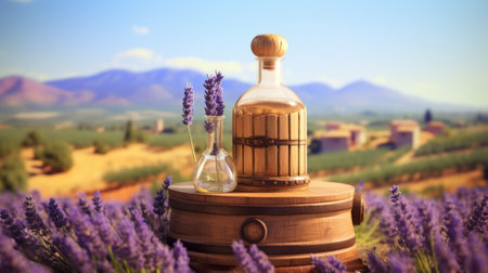 a bottle of lavender sits gracefully on a wooden box in a picturesque field. this 3d and drone illustration captures the essence of classical, historical genre scenes. the distillation of forms and soft-focus technique adds a touch of elegance to the mountainous vistas. inspired by the mediterranean, this artwork by qian xuan offers an interactive experience like no other. ai generatedの素材