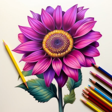the photo showcases highly detailed illustrations of flowers, colored in with pencils and a water brush. the vibrant colors, including magenta and amber, bring out photorealistic detailing in the artwork. the hand-coloring technique adds a unique touch to the bold chromaticity of the flowers. the image also highlights the intricate character illustrations and the use of monochromatic shadows. ai generatedの素材