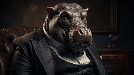 a photorealistic portrait of a hippo dressed in a suit, reminiscent of wealthy portraiture by stefan gesell and classicist portraiture by dan matutina. this candid shot captures the essence of famous figures, evoking the style of raphaelle peale. ai generatedの素材