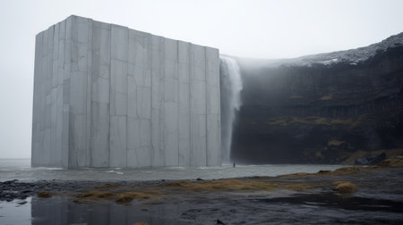 an empty concrete structure stands alone amidst the serene waters, resembling a captivating matte painting. this artwork by bertil nilsson showcases layered and atmospheric landscapes, reminiscent of the mesmerizing style of robert irwin. the image is enhanced with film grain, adding a touch of vintage allure. the composition exudes a sense of biblical grandeur, evoking the masterful work of even mehl amundsen. ai generatedの素材