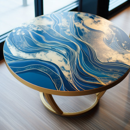 the koan coffee table, created by indian artist naina sara, showcases the artist's unique style inspired by stormy seascapes. with its dark azure and gold hues, the table features fluid and flowing lines reminiscent of circular abstractions. the painted illustrations on the tabletop add a touch of artistic photography, reminiscent of the works of stephanie pui-mun law. ai generatedの素材