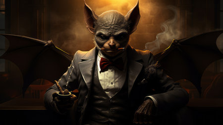 a photo featuring a realistic animal portrait in the style of the apocalypse game by the makers of the phantom clone game. the image showcases goblin academia and absinthe culture with a smokey background. the wealthy portraiture is enhanced with a sabattier filter, creating a digitally enhanced effect. ai generatedの素材