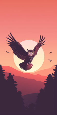 an owl gracefully soars through the sky at sunset, captured in a detailed character illustration style. the vibrant flat colors beautifully contrast against the dark maroon and black hues of the mountainous vistas. the hyperrealistic fauna adds a touch of realism to this stunning illustration. ai generatedの素材