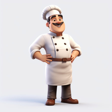 a cartoon chef, hispanicore, is depicted in this photo. he is shown holding a knife in his two hands, with finely rendered textures and a realistic lifelike figure. the full body of the chef is detailed and crafted with clean and simple designs. ai generatedの素材