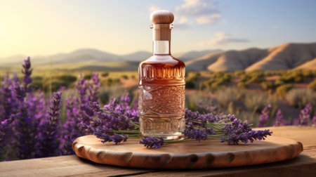 a bottle of alcohol and lavender flowers are beautifully arranged on a flat wooden board. this realistic and hyper-detailed rendering captures the essence of the scene. the combination of the bottle and flowers creates a visually stunning image, evoking a sense of tranquility and elegance. the mediterranean-inspired setting adds a touch of exotic charm, making this photo truly iconic. ai generatedの素材