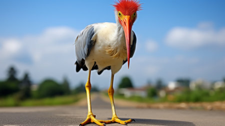 a bird standing on the pavement, captured in a humorous animal scene reminiscent of fantastic creatures. this dazecore photograph, with its light yellow and red tones, evokes the style of national geographic. the image brings to mind the works of albert robida, showcasing a congruent blend of nature and imagination. ai generatedの素材