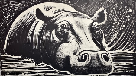 a close-up lithograph of a hippo on the ocean floor, showcasing the ashcan school style with woodcut-inspired graphics. the 32k uhd image captures the strong facial expression of the hippo, rendered in dark brown and white tones. this captivating lithograph brings the underwater world to life with its intricate details and powerful portrayal of the majestic hippo. ai generatedの素材